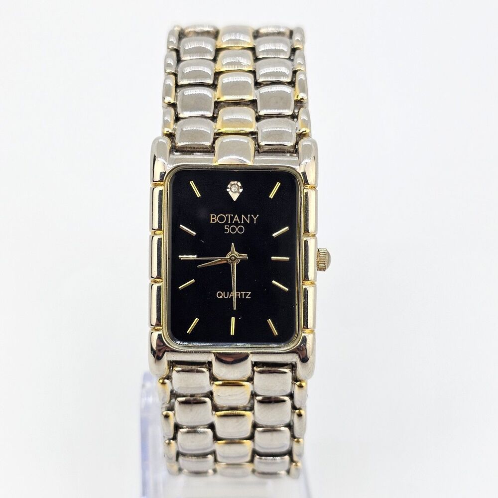 Botany 500 Watch Men 25mm Black Dial‎ Gold Gray Bracelet Band 7" New Battery